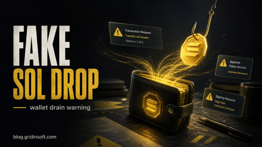 Fake SOL Drop wallet drain warning showing a crypto wallet and risky transaction prompts.