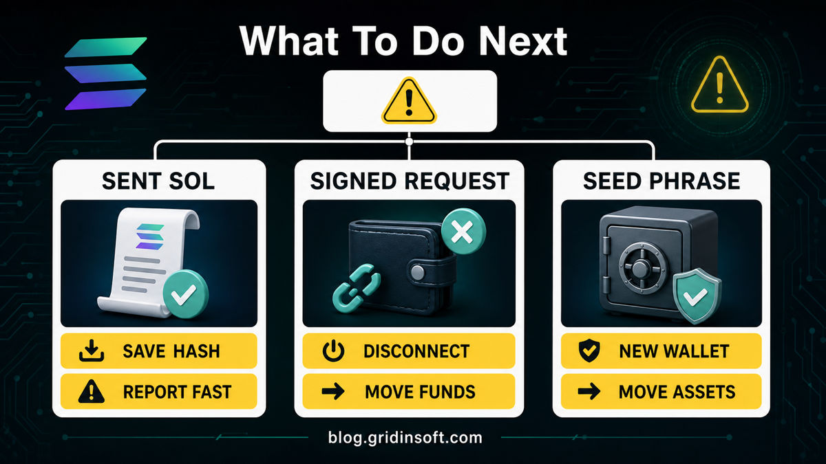 Fake Solana giveaway response checklist for sent SOL, signed request, and seed phrase exposure.