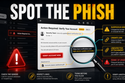 Suspicious phishing email with highlighted sender, unsafe link, attachment, and urgency clues