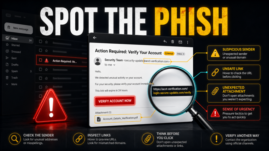 Suspicious phishing email with highlighted sender, unsafe link, attachment, and urgency clues