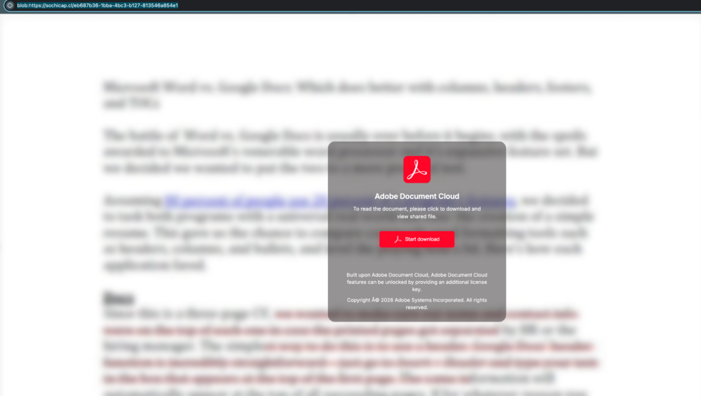 Social Security Statement Email Scam Uses ScreenConnect 3 Fake Document Cloud download prompt shown on a blob URL under sochicap.cl.