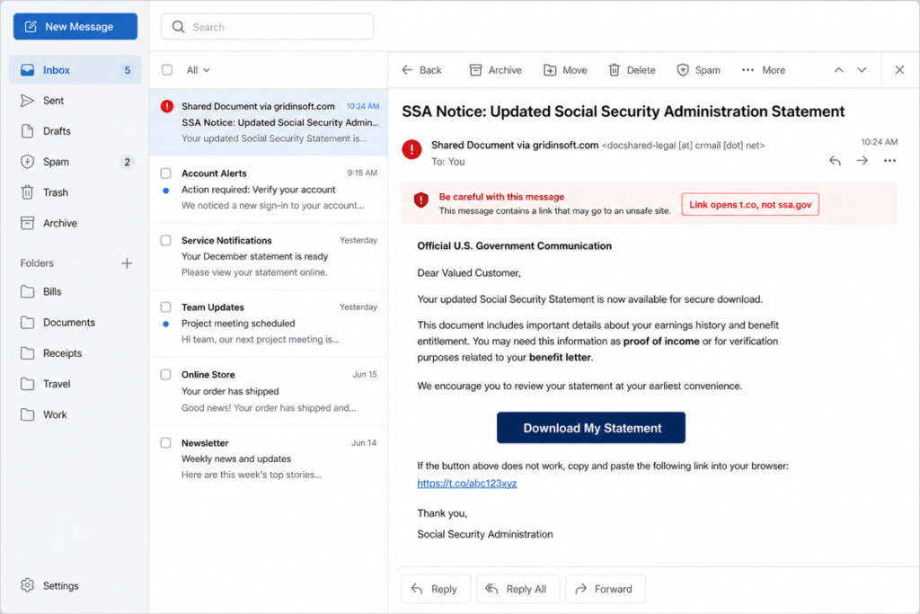 Social Security Statement Email Scam Uses ScreenConnect 2 Illustrative fake SSA notice email with a Download My Statement button and a t.co warning.