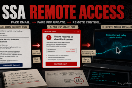 Fake Social Security statement email leading to a fake PDF update and ScreenConnect remote access.