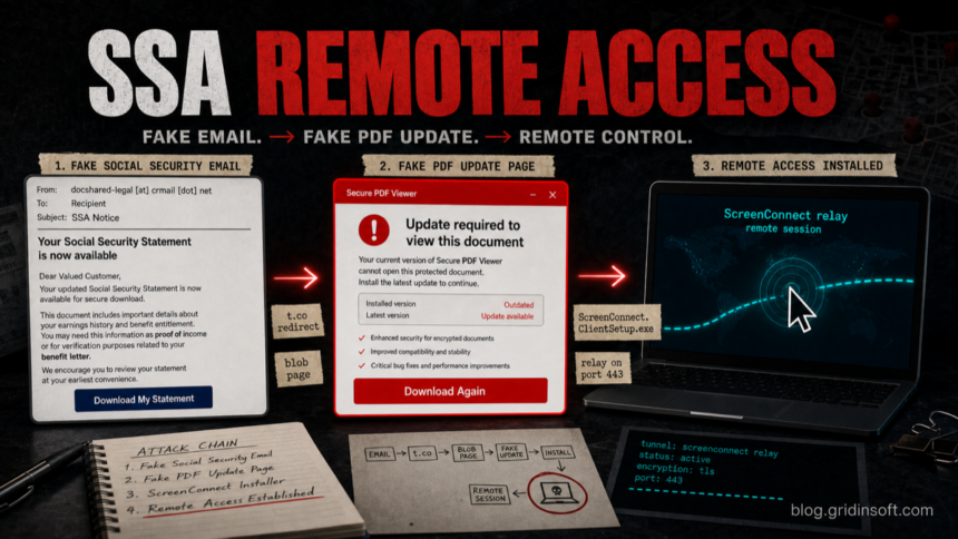 Social Security Statement Email Scam Uses ScreenConnect 1 Fake Social Security statement email leading to a fake PDF update and ScreenConnect remote access.