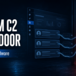 Editorial poster showing Steam profile comments feeding a WordPress malware backdoor on a web server.