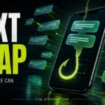 Text Trap editorial poster showing scam text messages as a hook on a smartphone.