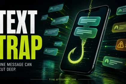 Text Trap editorial poster showing scam text messages as a hook on a smartphone.