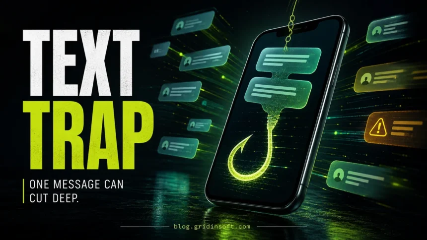 Text Trap editorial poster showing scam text messages as a hook on a smartphone.