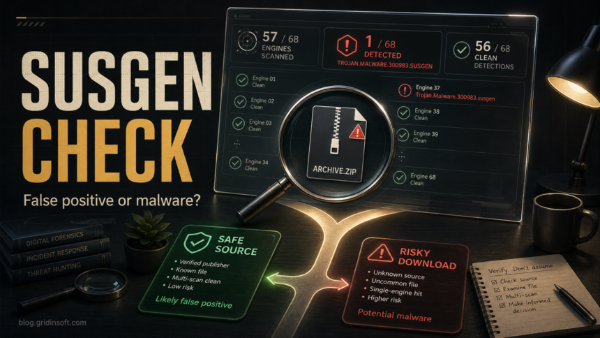 A malware-triage dashboard showing one SUSGEN warning among clean scanner results.