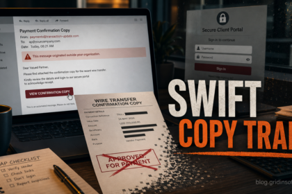 Fake SWIFT confirmation copy email leading to a phishing login trap.