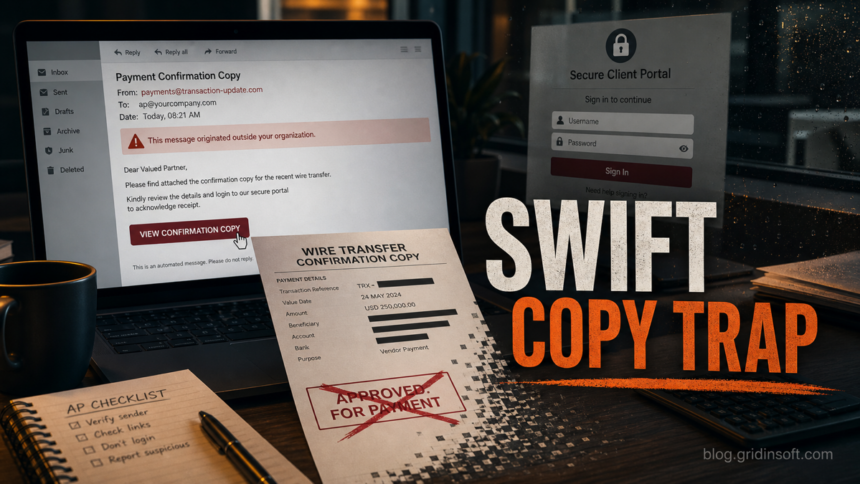 SWIFT Confirmation Copy Email Scam 1 Fake SWIFT confirmation copy email leading to a phishing login trap.