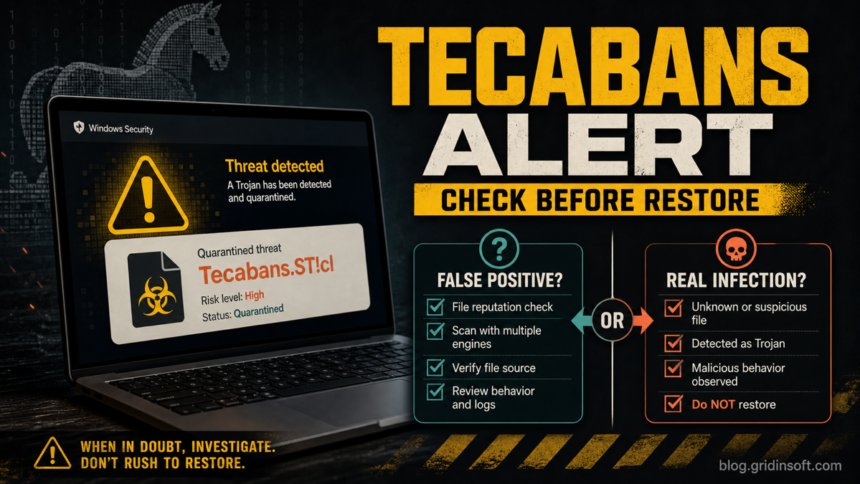 Trojan:Win32/Tecabans.ST!cl alert decision screen showing false-positive and real-infection checks.