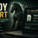 Trojan:Win64/Tedy!MTB alert poster showing a quarantined DLL and leftover cleanup checklist.