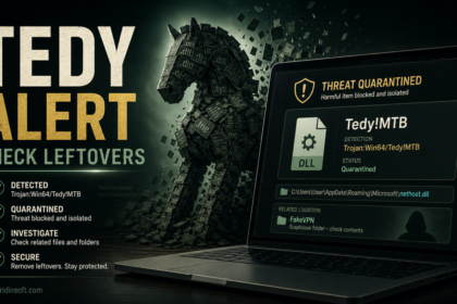 Trojan:Win64/Tedy!MTB alert poster showing a quarantined DLL and leftover cleanup checklist.