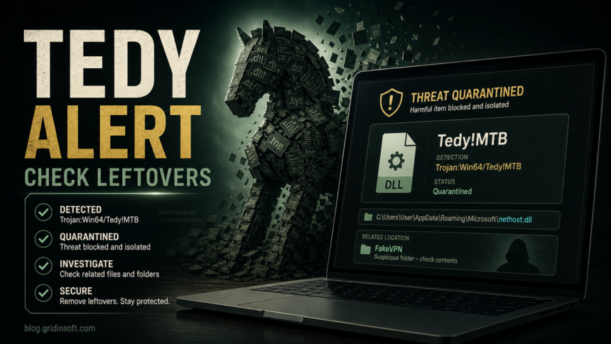 Trojan:Win64/Tedy!MTB alert poster showing a quarantined DLL and leftover cleanup checklist.