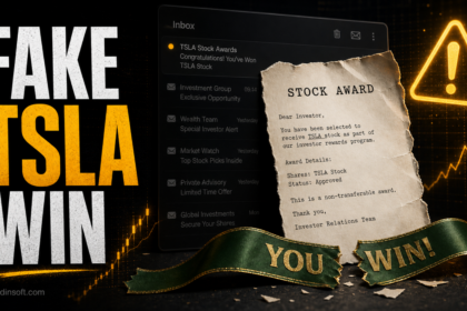 Fake TSLA stock award email warning with a suspicious prize letter and inbox alert