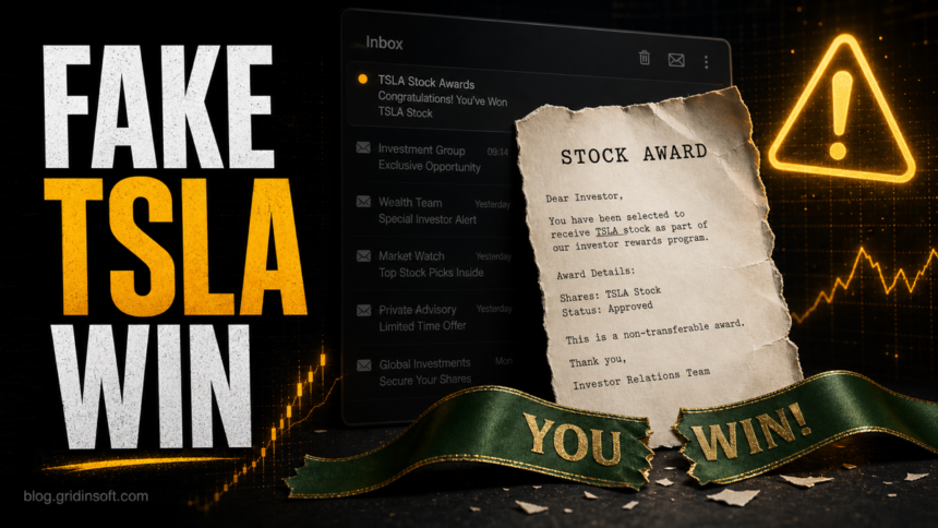 Fake TSLA stock award email warning with a suspicious prize letter and inbox alert