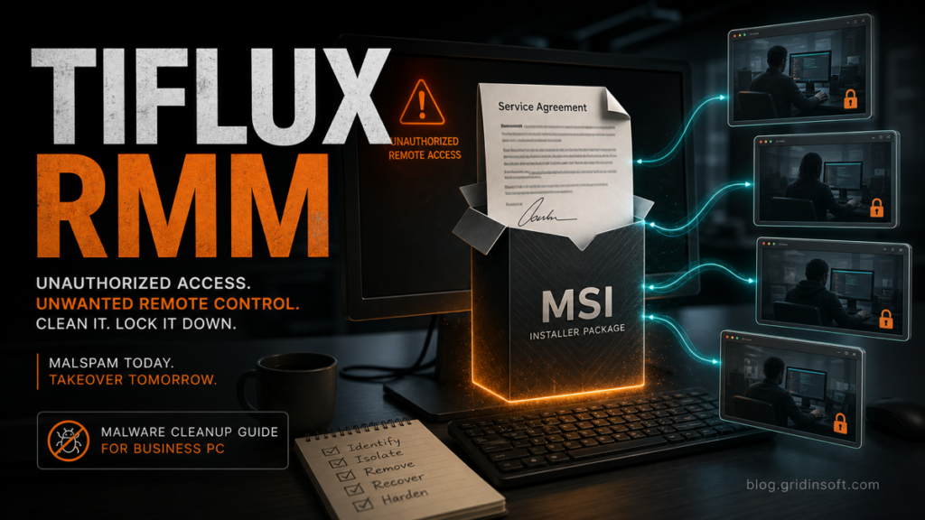 Tiflux RMM malware cleanup poster showing a suspicious service agreement MSI opening unauthorized remote access.