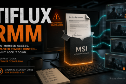 Tiflux RMM malware cleanup poster showing a suspicious service agreement MSI opening unauthorized remote access.