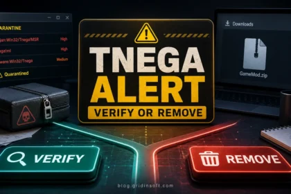Tnega alert decision poster with verify or remove paths for a quarantined download.