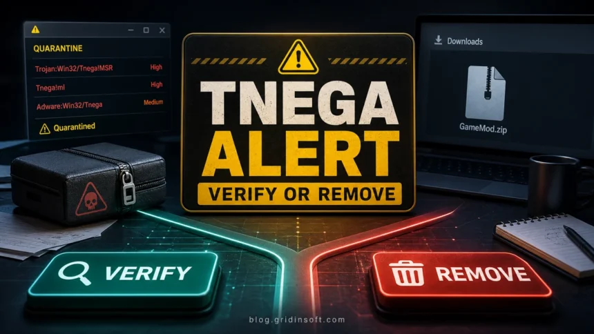 Tnega alert decision poster with verify or remove paths for a quarantined download.