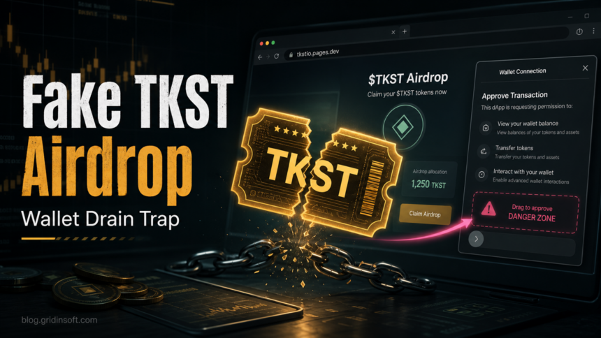 Fake TKST airdrop page pulling a wallet approval into a danger zone