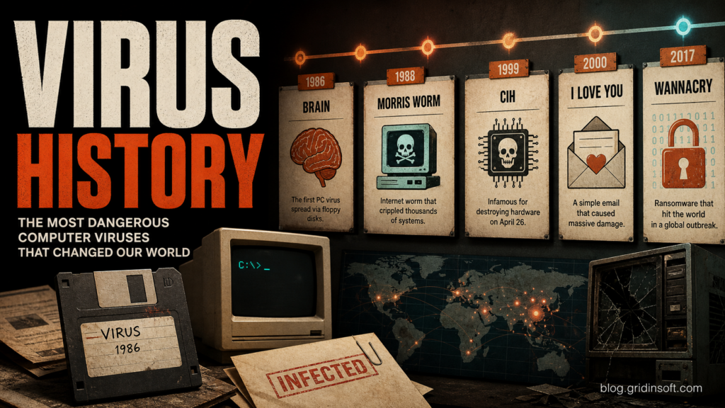 Virus history poster showing famous malware outbreaks as a timeline.