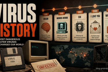 Virus history poster showing famous malware outbreaks as a timeline.