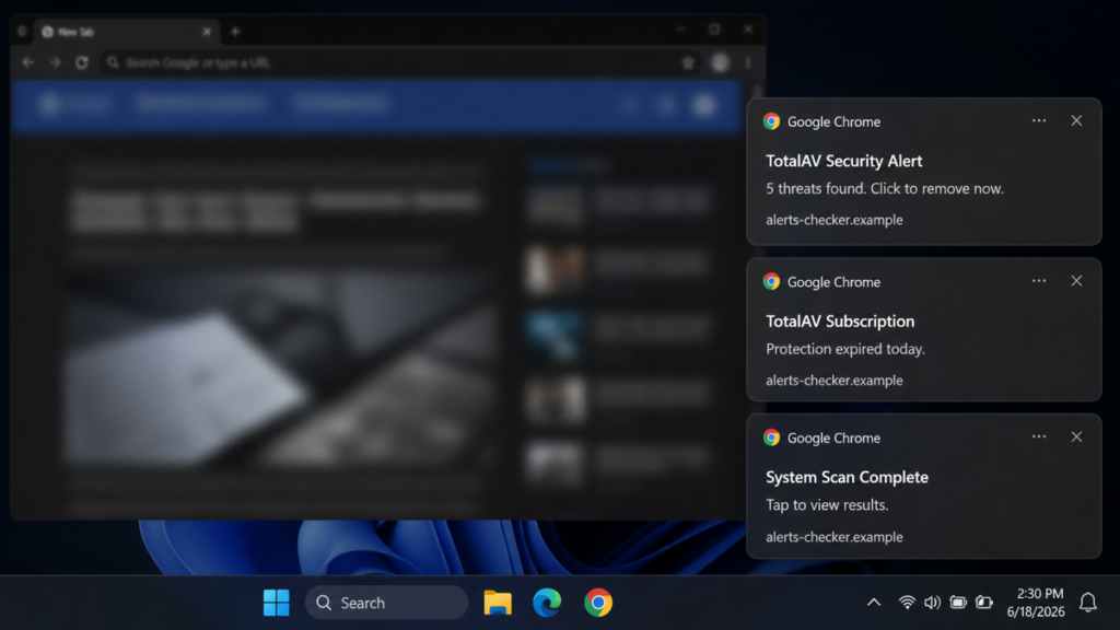 Example of TotalAV-looking browser notifications sent by a suspicious website.