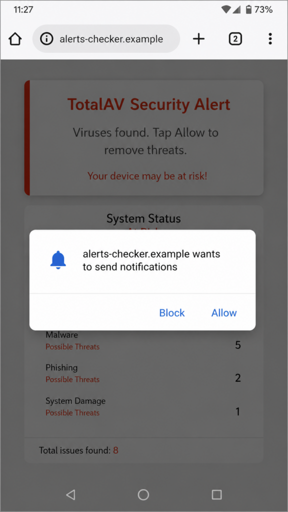 Example of a mobile browser permission prompt used by a TotalAV-looking fake alert.