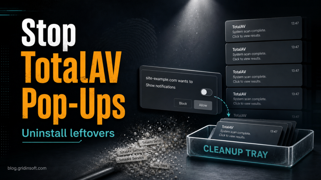 TotalAV pop-up cleanup poster showing browser notifications and uninstall leftovers.
