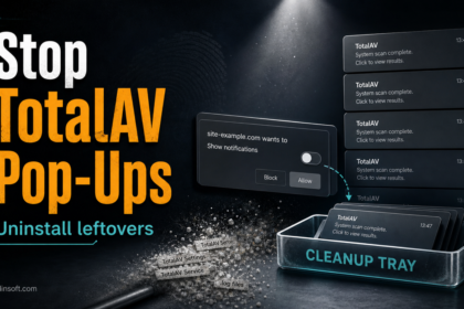 TotalAV pop-up cleanup poster showing browser notifications and uninstall leftovers.