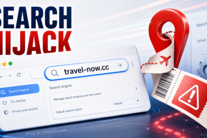 Travel-now.cc search hijack shown in a browser search settings panel.