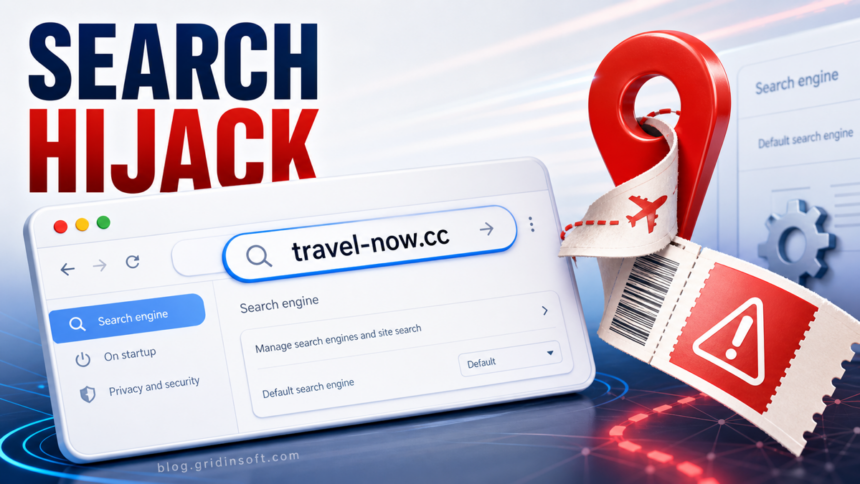 Travel-now.cc search hijack shown in a browser search settings panel.