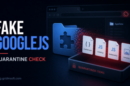 Editorial poster showing fake GoogleJS extension files being quarantined.