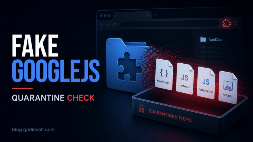 Trojan.FakeGoogleJS Alert: What It Means and How to Clean It 1 Editorial poster showing fake GoogleJS extension files being quarantined.