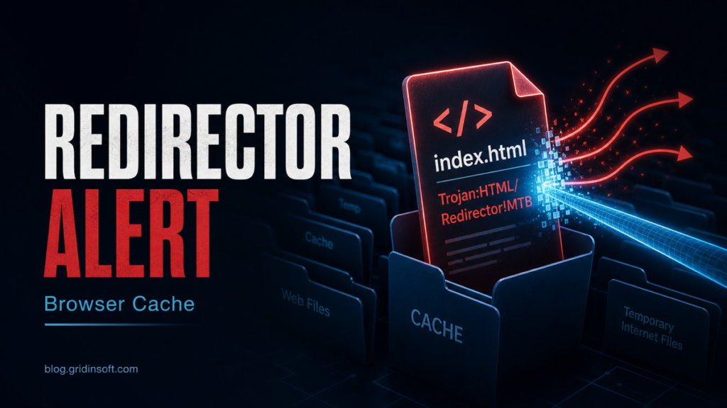 Browser cache redirector alert blocked before an unwanted redirect.