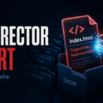 Editorial poster showing a cached HTML redirector stopped by a security scan.