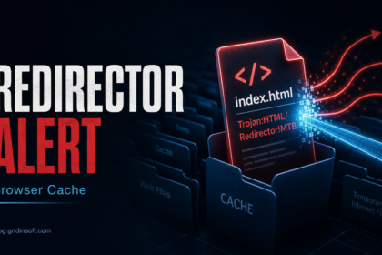 Editorial poster showing a cached HTML redirector stopped by a security scan.