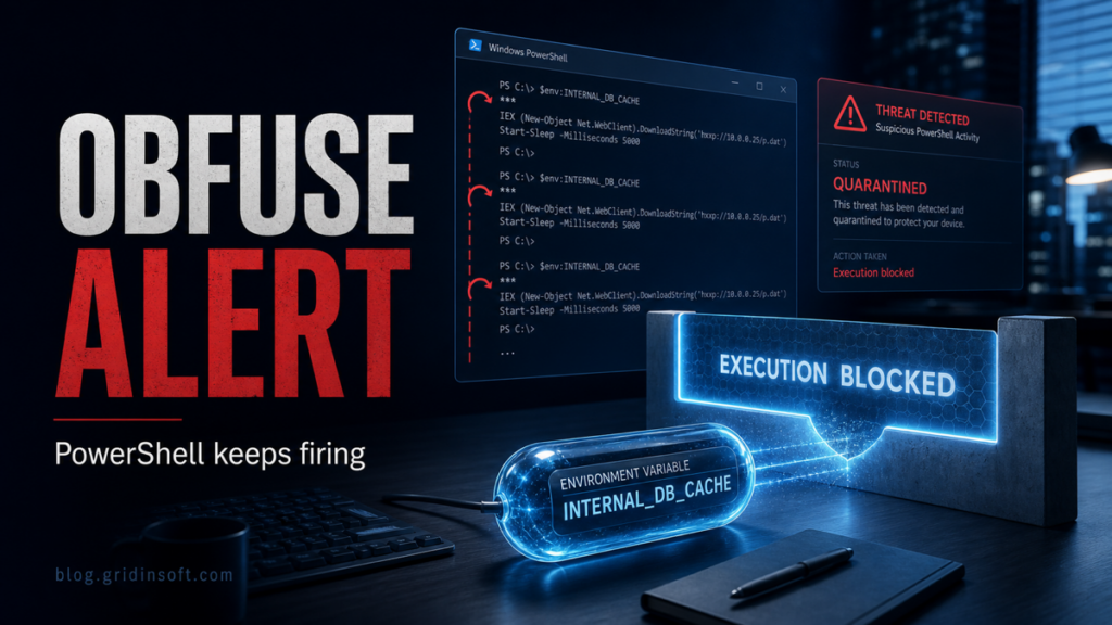 Editorial image showing Trojan:JS/Obfuse.NF!MTB as a hidden PowerShell alert blocked by security controls.