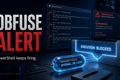 Editorial image showing Trojan:JS/Obfuse.NF!MTB as a hidden PowerShell alert blocked by security controls.