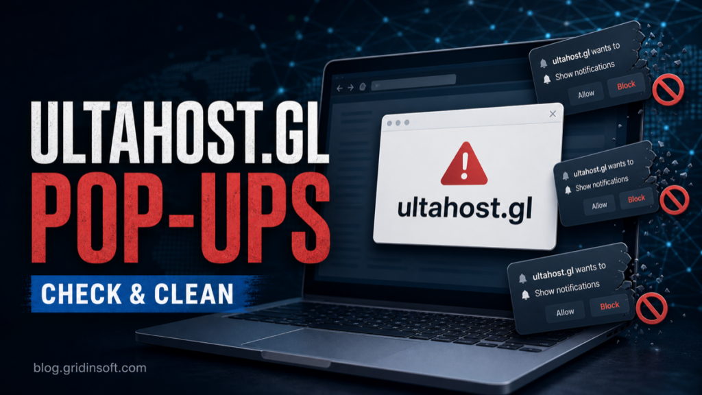 Ultahost.gl browser pop-up cleanup poster showing notification spam being blocked.
