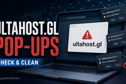 Ultahost.gl browser pop-up cleanup poster showing notification spam being blocked.
