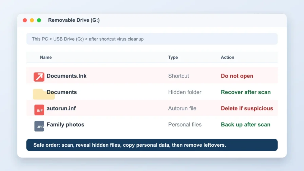 Illustrative File Explorer view showing a USB shortcut virus with Documents.lnk, hidden folder, autorun.inf, and safe actions.