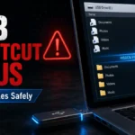 USB shortcut virus warning with fake shortcut files and hidden folders on a laptop screen.