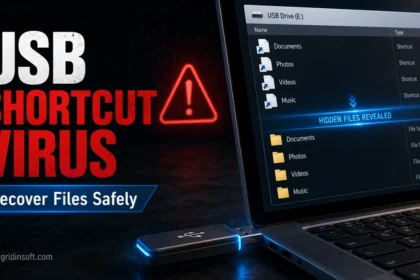 USB shortcut virus warning with fake shortcut files and hidden folders on a laptop screen.