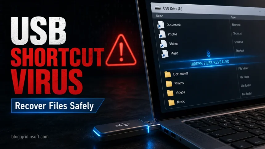 USB shortcut virus warning with fake shortcut files and hidden folders on a laptop screen.