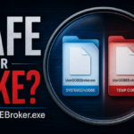 Editorial poster comparing a safe UserOOBEBroker.exe file with a suspicious temp-folder copy.