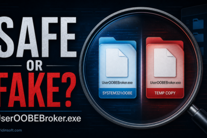 Editorial poster comparing a safe UserOOBEBroker.exe file with a suspicious temp-folder copy.