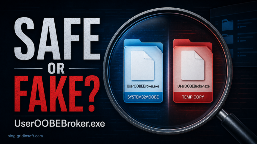Editorial poster comparing a safe UserOOBEBroker.exe file with a suspicious temp-folder copy.